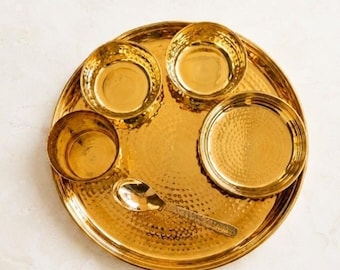 Handcrafted Brass Thali Set | 6- Piece Hammered Indian Dinnerware