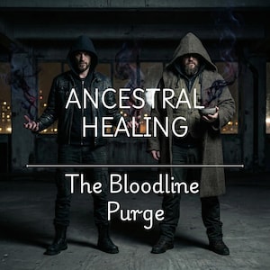Może przedstawiać: Dwóch mężczyzn w kurtkach i płaszczach z kapturem stoi w słabo oświetlonej przestrzeni. Tekst "ANCESTRAL HEALING" i "The Bloodline Purge" jest wyświetlany na biało. Jeden mężczyzna trzyma miskę, a drugi ma ciemne efekty przypominające dym wokół dłoni.