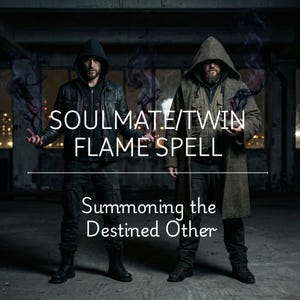 Puede incluir: Dos hombres con chaquetas con capucha est&aacute;n de pie en un espacio con poca luz, con energ&iacute;a oscura emanando de sus manos. La imagen presenta el texto "SOULMATE/TWIN FLAME SPELL" y "Summoning the Destined Other."