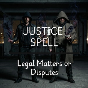 May include: Two figures in hooded jackets stand in a dark space. The words "JUSTICE SPELL" are above a line, with "Legal Matters or Disputes" below. One figure has dark energy swirling from their hands.
