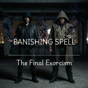 May include: Two individuals in hooded jackets stand in a dark industrial space. One wears a black leather jacket, the other a brown textured coat holding a small bowl. Wisps of dark smoke surround them. Text reads: BANISHING SPELL The Final Exorcism.