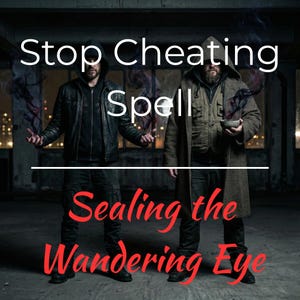 May include: Two individuals in hooded jackets stand in a dark space. The left person wears a black leather jacket, the right person wears a brown coat and holds a small bowl. Text reads: Stop Cheating Spell, Sealing the Wandering Eye.