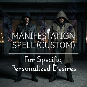 May include: Two people in hooded coats stand in a dark setting. The text on the image reads "MANIFESTATION SPELL (CUSTOM)" and "For Specific, Personalized Desires". Dark smoke-like effects emanate from their hands.