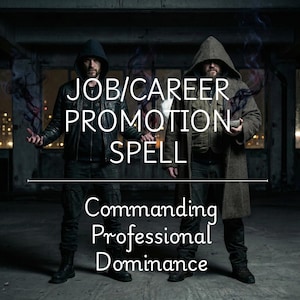 May include: Two people in hooded cloaks stand in a dimly lit space. The text "JOB/CAREER PROMOTION SPELL" and "Commanding Professional Dominance" are displayed. One person wears a black leather jacket, the other a long coat.