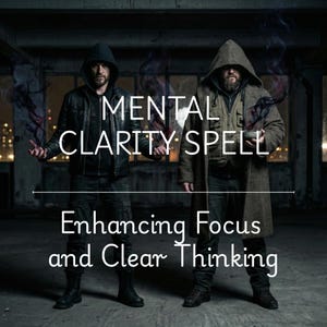 May include: Two figures in hooded cloaks stand in a dark, industrial setting. The image features the text "Mental Clarity Spell" and "Enhancing Focus and Clear Thinking". Dark smoke wisps emanate from their hands.