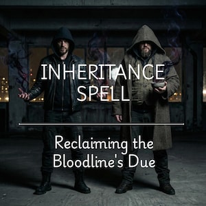 Może przedstawiać: Zdjęcie przedstawia dwie osoby w kapturach z napisem "INHERITANCE SPELL" i "Reclaiming the Bloodline's Due". Jedna osoba wydaje się przywoływać mroczną energię. Sceneria to słabo oświetlona przestrzeń w stylu industrialnym.