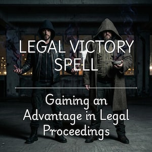May include: Two figures in hooded cloaks stand in a dimly lit space. The text "LEGAL VICTORY SPELL" is above the text "Gaining an Advantage in Legal Proceedings". One wears a black leather jacket, the other a long brown coat.