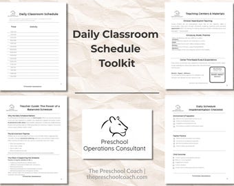 幼稚園の教室スケジュールツールキット、毎日のスケジュールテンプレート、教師ガイド、センターガイド、チェックリスト、編集可能なCanvaテンプレート
