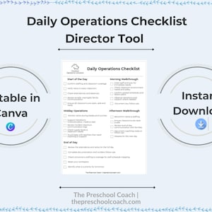 Może przedstawiać: Jasnoniebieska grafika z tekstem "Daily Operations Checklist Director Tool". Obraz zawiera listę kontrolną, słowa "Editable in Canva" i "Instant Download".