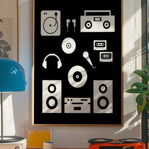 May include: A rectangular wall art print featuring a black background with white minimalist icons of music equipment, including a turntable, headphones, a boombox, two cassette tapes, a microphone, a compact disc, a vinyl record, and speakers.