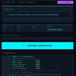 Puede incluir: Captura de pantalla de la interfaz del software IMGR1P v3.0, un extractor de medios. La interfaz es oscura con acentos azules y morados. Muestra un campo de URL de destino con un enlace de YouTube, el progreso de la extracci&oacute;n y registros de operaci&oacute;n.