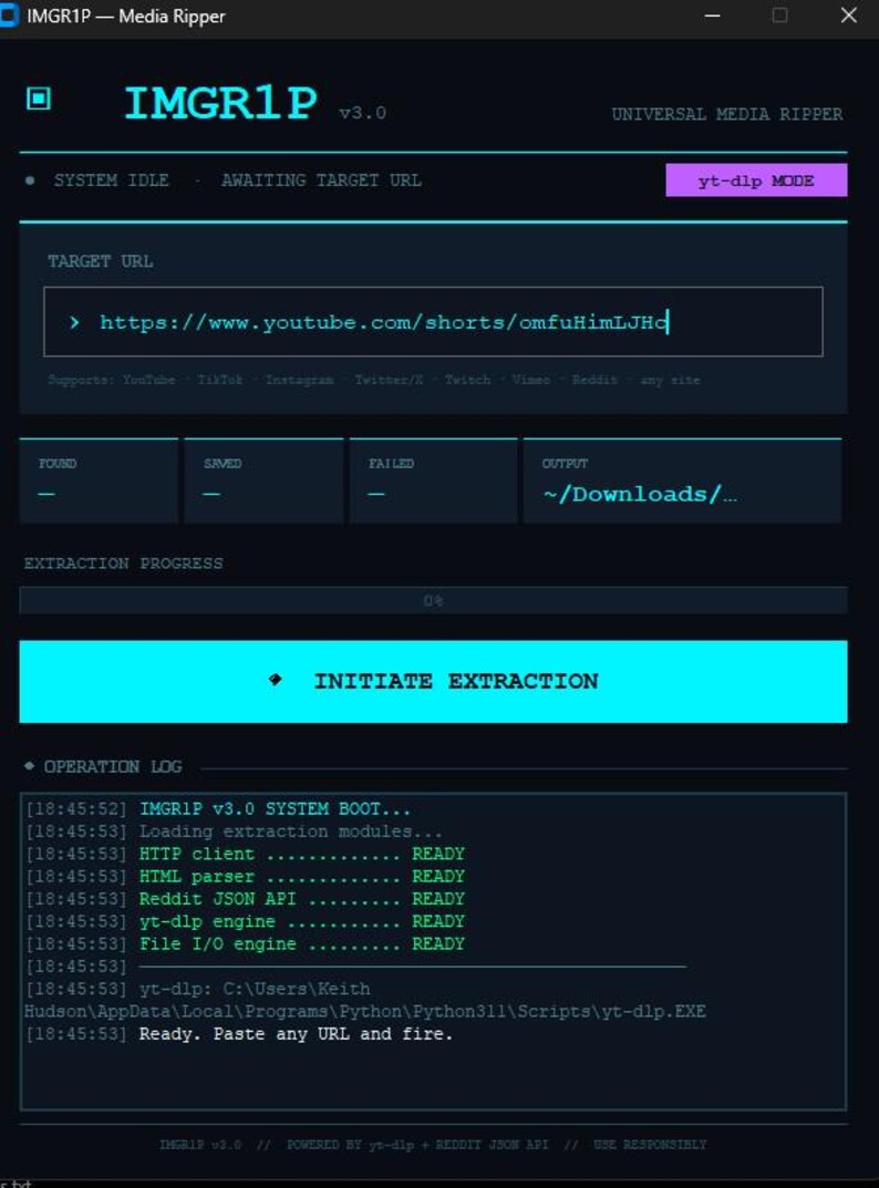 Puede incluir: Captura de pantalla de la interfaz del software IMGR1P v3.0, un extractor de medios. La interfaz es oscura con acentos azules y morados. Muestra un campo de URL de destino con un enlace de YouTube, el progreso de la extracci&oacute;n y registros de operaci&oacute;n.