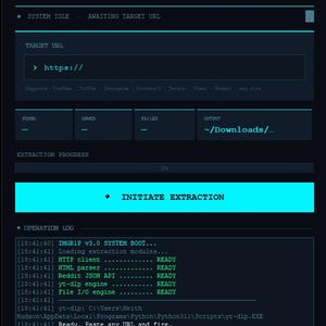 Puede incluir: Interfaz de software azul oscuro para IMGR1P, un extractor de medios universal. La interfaz muestra campos de texto para una URL de destino y una ubicaci&oacute;n de salida, con el progreso de la extracci&oacute;n. El texto "INITIATE EXTRACTION" est&aacute; en un cuadro azul brillante.