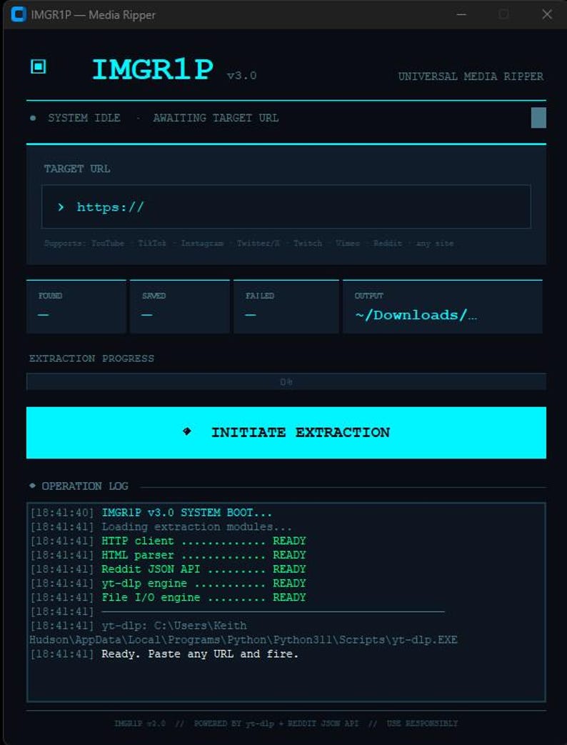 Puede incluir: Interfaz de software azul oscuro para IMGR1P, un extractor de medios universal. La interfaz muestra campos de texto para una URL de destino y una ubicaci&oacute;n de salida, con el progreso de la extracci&oacute;n. El texto "INITIATE EXTRACTION" est&aacute; en un cuadro azul brillante.