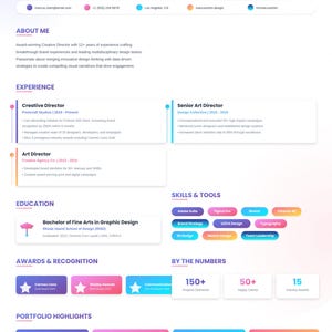 May include: A resume for Marcus Chen, Creative Director, with contact information and a summary of his experience. The resume highlights his skills, education, awards, and portfolio, using a clean, modern design with a purple and white color scheme.