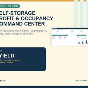 May include: A digital spreadsheet template titled Self-Storage Profit & Occupancy Command Centre with a Premium 24-Tab System. It features a Unit Yield section with the text Fill, Reprice, Collect, Repair, Expand and a dashboard showing financial data.