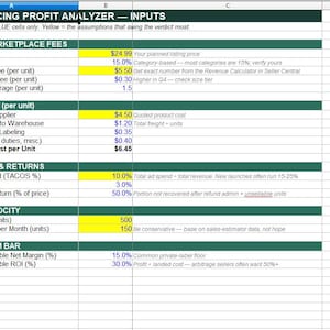 May include: A digital spreadsheet titled FBA SOURCING PROFIT ANALYZER — INPUTS, featuring rows for pricing, marketplace fees, landed costs, advertising, returns, order velocity, and minimum bars, with blue text and yellow highlighted input cells.