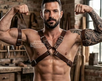 Handgemaakte borstharnas van echt bruin leer – op maat gemaakte gladiatoroutfit – clubkleding – festivaloutfit – aangepaste kleding – leren holster