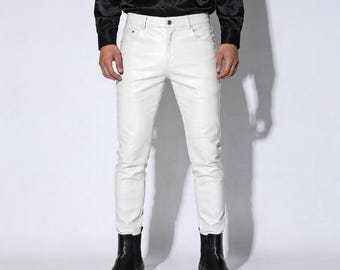 Männer Weiße Lederhose - Slim Fit Biker Jeans - Made To Order