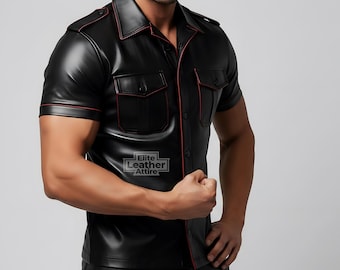 Men's Black Leather Military Shirt with Red Piping – Genuine Sheepskin Streetwear Top