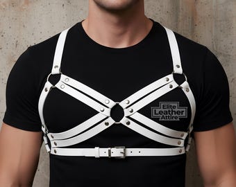 Genuine White Leather Chest Harness – Geometric O-Ring Design, Custom Fit