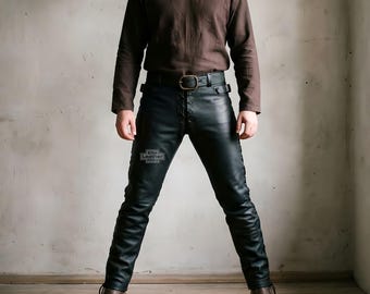 Handcrafted Black Leather Lace-Up Pants – Viking Tunic Style, Slim Fit (Made to Order)
