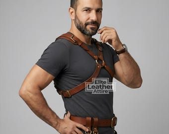 Handmade Brown Leather Chest Harness | Medieval waist belt for swords - Leather Suspenders - Harness for Men - Club Wear - Groomsmen Gift