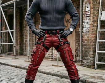Men's Red Sheep Leather Cargo Pants – Genuine Leather Trousers, Punk Gothic Streetwear Fit, Biker Pants