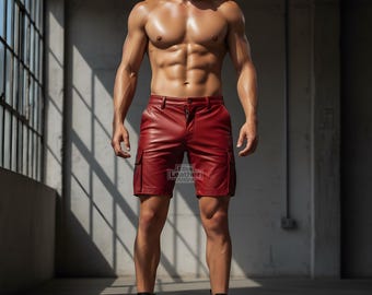 Handgemaakte rode leren cargoshort voor heren - streetwear, gotische rockerstijl met handige zakken, leren kleding