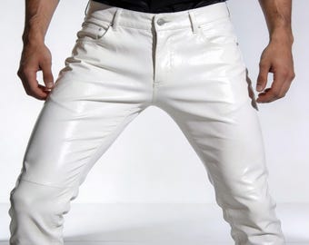Handmade White Leather Pants - Men's Fashion Trousers, Made to Order