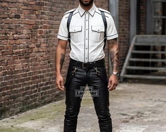 Completo in vera pelle fatto a mano, simile a un'uniforme – Tuta streetwear in stile polizia su misura – Set in pelle