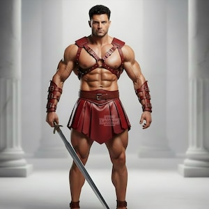 Peut inclure: Une figure musclée porte une tenue de gladiateur en cuir rouge, comprenant un harnais, une jupe et des bracelets de bras, tenant une épée. La tenue est détaillée avec des rivets et une ceinture. L'image a un cadre de studio avec des colonnes blanches.