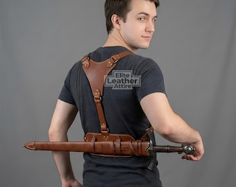 Men's Brown Leather Back Sword Harness - Custom Warrior Style Straps - Groomsmen Gift - Cosplay Outfit - Club Wear