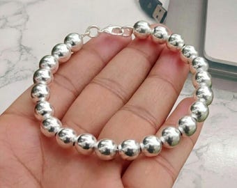Pulsera de plata de ley 925 hecha a mano con bola redonda, brazalete ajustable.