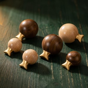 Wood Ball Cabinet Knobs Brass Fish Tail Drawer Pulls Natural Walnut Dresser Knob Modern Kitchen Furniture Hardware