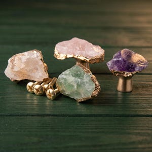 Natural Stone Cabinet Knob Raw Crystal Drawer Pull Rose Quartz Amethyst Fluorite Gold Edge Furniture Hardware