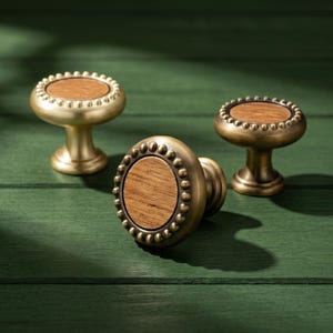 Vintage Wood Cabinet Knob, Antique Brass Drawer Knob, Rustic Kitchen Cabinet Hardware, Farmhouse Dresser Pull, Walnut Wood Handle