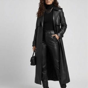 Womens Long Black Leather Trench Coat - Vegan Leather Duster