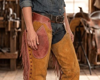 Western suède paardrijchaps mosterdgeel rood leer cowgirl franje chaps rodeoshow outfit paardensportuitrusting aangepast cadeau