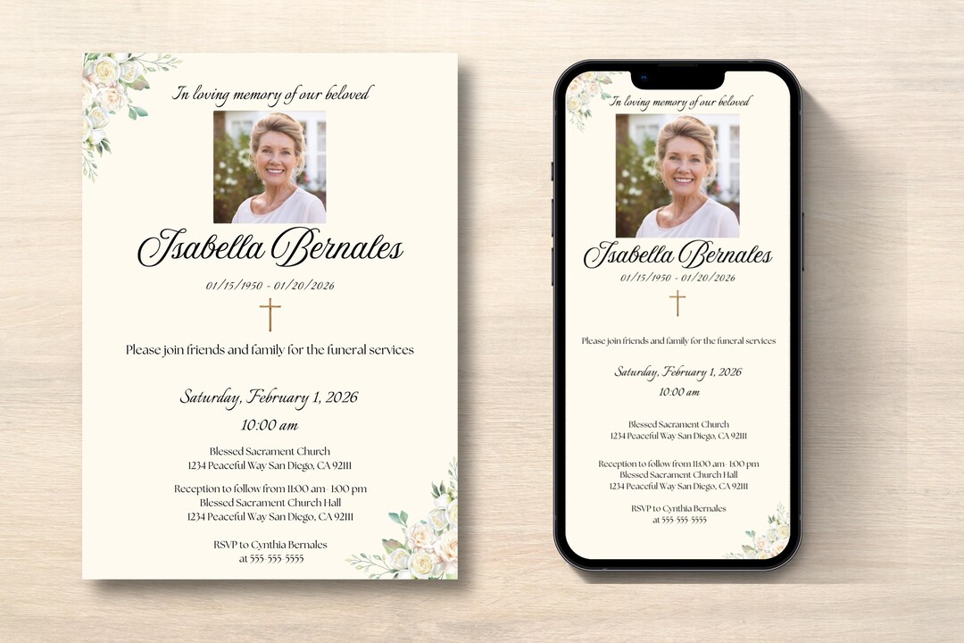 Funeral Invite - Digital, Editable Canva Template, Simple Flowers ...