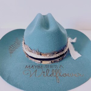 Turquoise Wide-Brim Floral Engraved Wool Felt Hat Wildflower Floral Burned Hat, Floral Engraved Cowboy Hat  main image 2