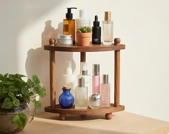 Corner Bathroom Organizer, 2 Tier Wood Vanity Shelf, Space Saving