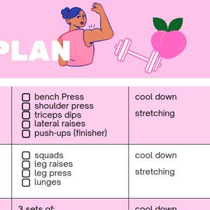 Könnte beinhalten: Ein rosa-weißes Trainingsplan-Diagramm mit dem Text "DAILY WORKOUT PLAN". Der Plan umfasst Übungen für Brust, Schultern, Trizeps und Beine. Eine Illustration einer sich beugenden Frau und ein Pfirsich mit einer Hantel sind ebenfalls enthalten.
