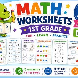 Könnte beinhalten: Ein digitales Set von Mathe-Arbeitsblättern für die 1. Klasse mit einem grünen Cartoon-Dinosaurier, der einen Stift und ein offenes Buch hält. Der Text lautet MATH WORKSHEETS 1ST GRADE, FUN LEARN PRACTICE, 10 PRINTABLE WORKSHEETS, 1 FREE BONUS WORKSHEET.