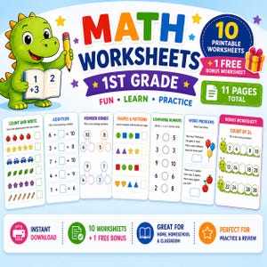 Könnte beinhalten: Ein Set von Mathe-Arbeitsblättern für die 1. Klasse mit einem grünen Cartoon-Dinosaurier, der einen Stift und ein offenes Buch hält. Der Text lautet MATH WORKSHEETS 1ST GRADE, 10 PRINTABLE WORKSHEETS + 1 FREE BONUS WORKSHEET, 11 PAGES TOTAL, FUN LEARN PRACTICE.