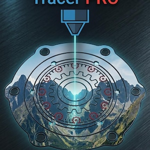May include: Graphic promoting "Laser Precision Tracer PRO". The image features a stylized gear design with a mountain landscape visible within. The text "Laser Precision Tracer PRO" is displayed in blue and red. The image also mentions file conversion formats.