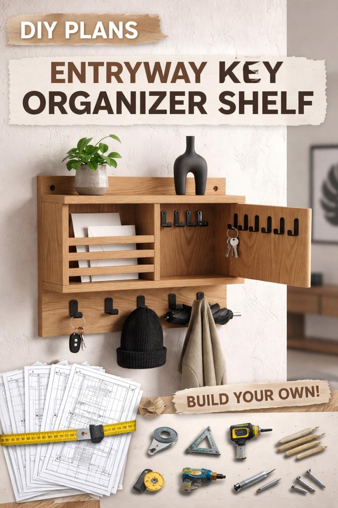 Wooden Entryway Key Organizer Shelf – DIY Plans PDF - Wall Mounted Key ...
