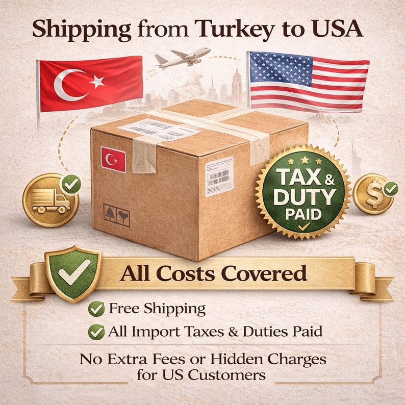 May include: A cardboard box with shipping labels, the Turkish and American flags, and a plane graphic. Text reads "Shipping from Turkey to USA" and "All Costs Covered". Includes "Tax & Duty Paid" seal.