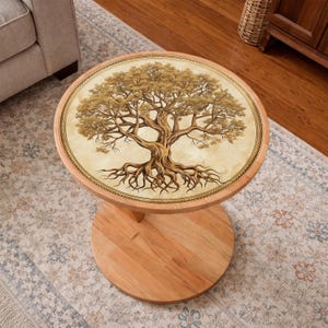 Op de afbeelding: Een ronde houten bijzettafel met een gedetailleerde boomillustratie op het tafelblad. De boom heeft een bruine stam, takken en wortels, met een lichtbruine en beige achtergrond. De tafel heeft een lichte houten afwerking.