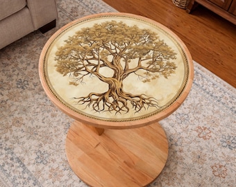 Tree of Life Glass C Table Round Wooden Side Table Spiritual Symbol End Table Boho Living Room Accent Furniture